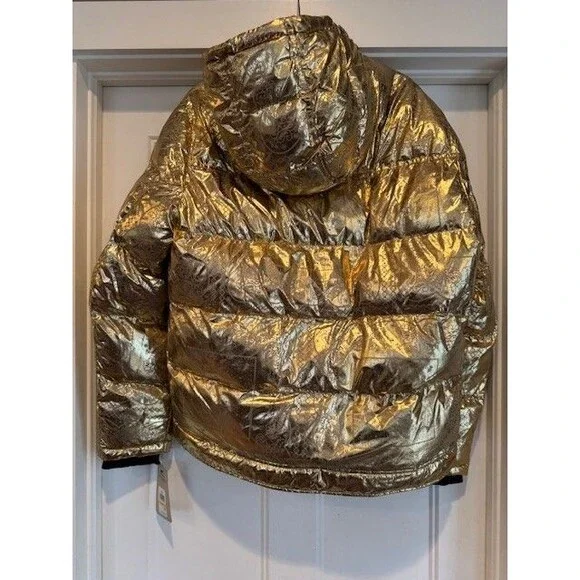 Levi’s Men’s Metallic Gold Bandana Puffer Jacket Hooded Down Insulated M $225 - Picture 4 of 6